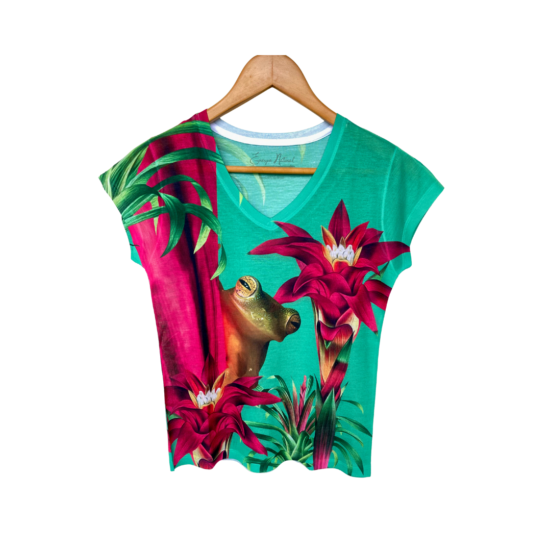 Blusa Baby Look Florata Rana Cristal con Bromelias