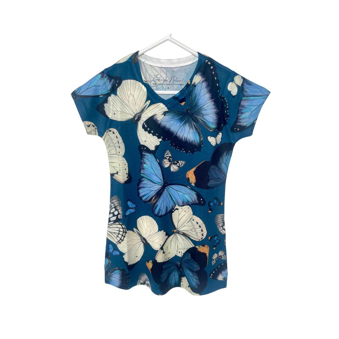 Vestido Vainilla Infantil Mariposas Fondo Azul