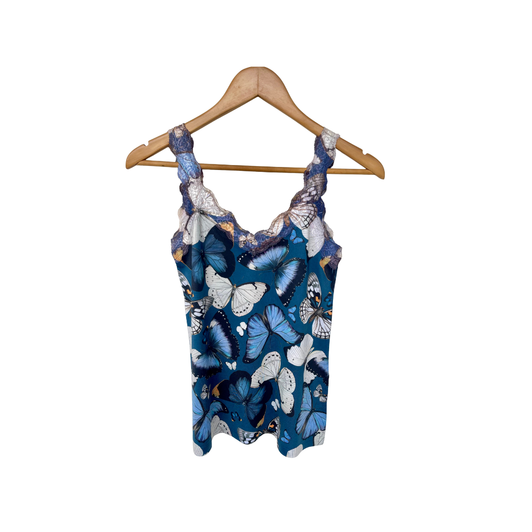 Blusa Regata Renda Mariposas Fondo Azul