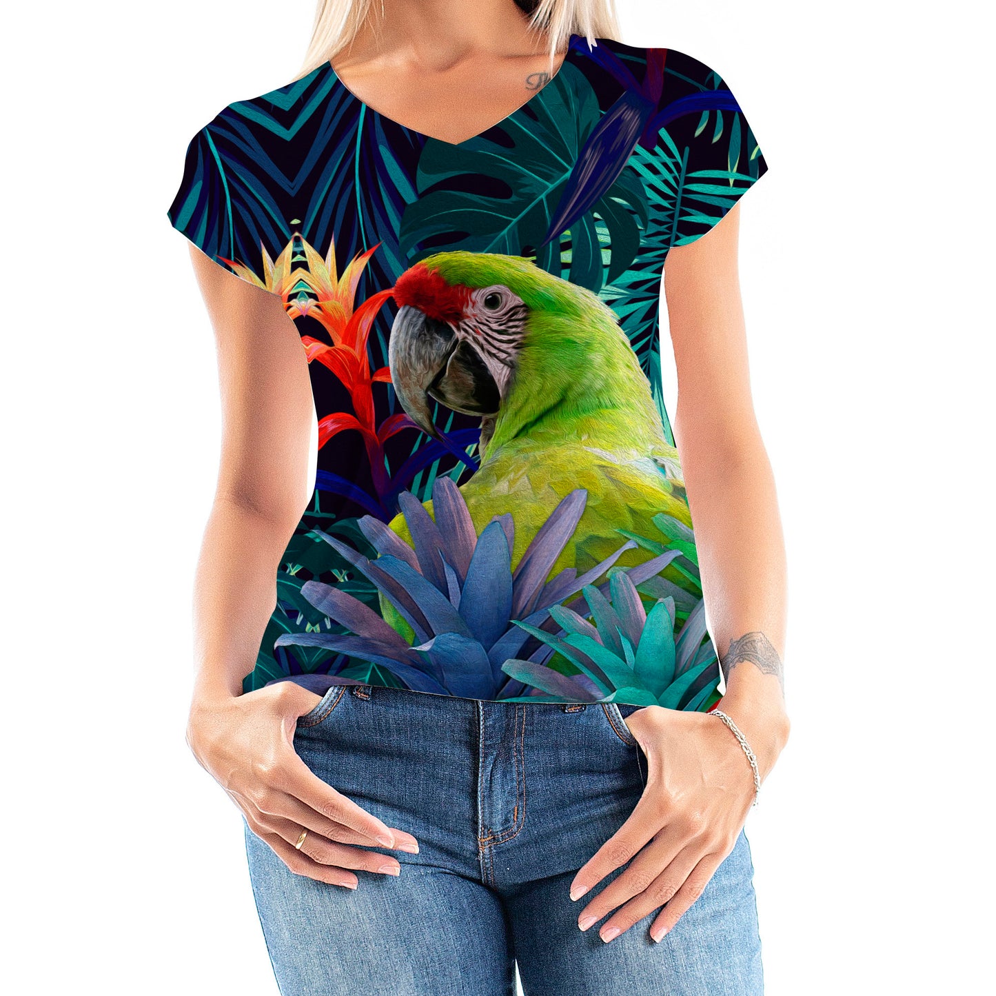 Blusa Baby Look Florata Lapa Verde con Bromelias