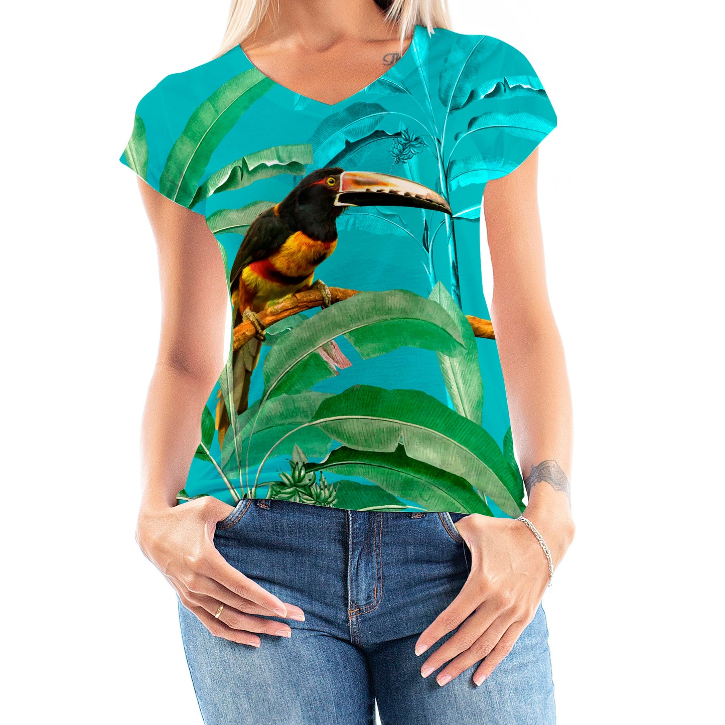 Blusa Baby Look Florata Araçari Collarejo Fondo Aqua